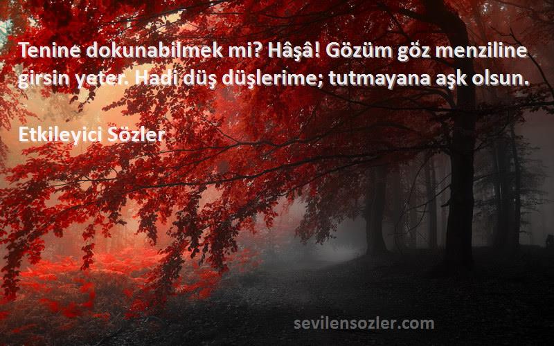 Etkileyici Sözler Sözleri 
Tenine dokunabilmek mi? Hâşâ! Gözüm göz menziline girsin yeter. Hadi düş düşlerime; tutmayana aşk olsun.
