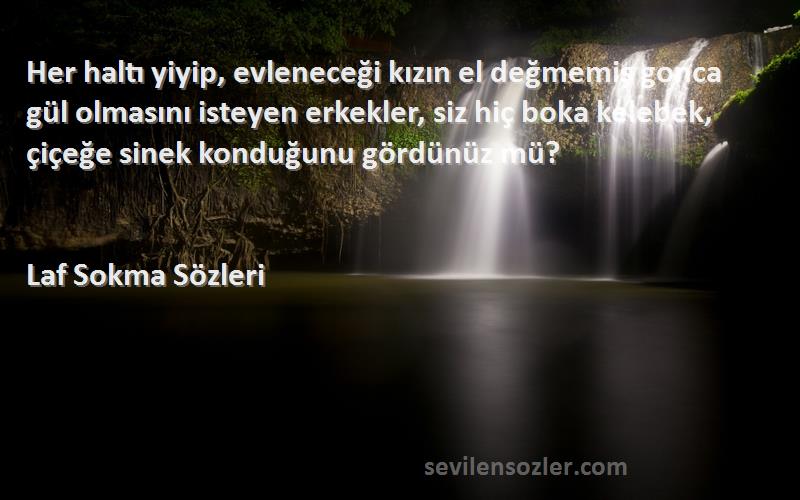 Laf Sokma  Sözleri 
Her haltı yiyip, evleneceği kızın el değmemiş gonca gül olmasını isteyen erkekler, siz hiç boka kelebek, çiçeğe sinek konduğunu gördünüz mü?
‎