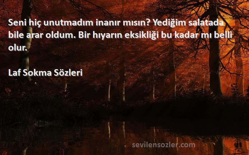 Laf Sokma  Sözleri 
Seni hiç unutmadım inanır mısın? Yediğim salatada bile arar oldum. Bir hıyarın eksikliği bu kadar mı belli olur.
