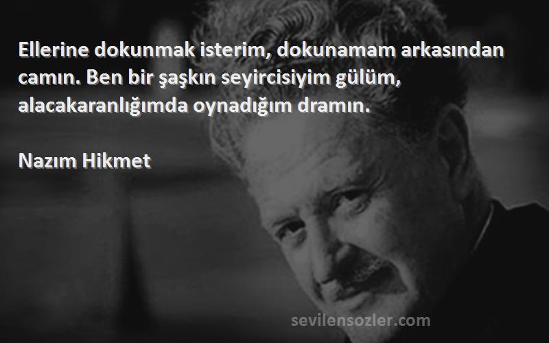 Nazım Hikmet Sözleri 
Ellerine dokunmak isterim, dokunamam arkasından camın. Ben bir şaşkın seyircisiyim gülüm, alacakaranlığımda oynadığım dramın.