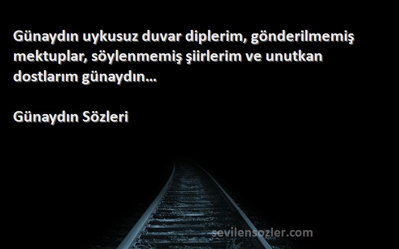 Günaydın  Sözleri 
Günaydın uykusuz duvar diplerim, gönderilmemiş mektuplar, söylenmemiş şiirlerim ve unutkan dostlarım günaydın…
