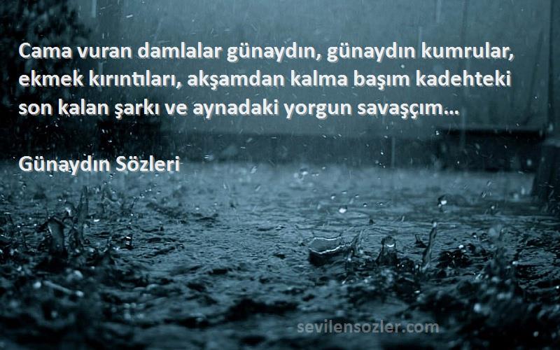 Günaydın  Sözleri 
Cama vuran damlalar günaydın, günaydın kumrular, ekmek kırıntıları, akşamdan kalma başım kadehteki son kalan şarkı ve aynadaki yorgun savaşçım…
