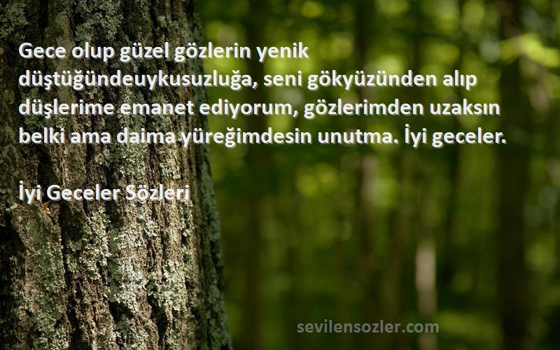 İyi Geceler  Sözleri 
Gece olup güzel gözlerin yenik düştüğündeuykusuzluğa, seni gökyüzünden alıp düşlerime emanet ediyorum, gözlerimden uzaksın belki ama daima yüreğimdesin unutma. İyi geceler.
