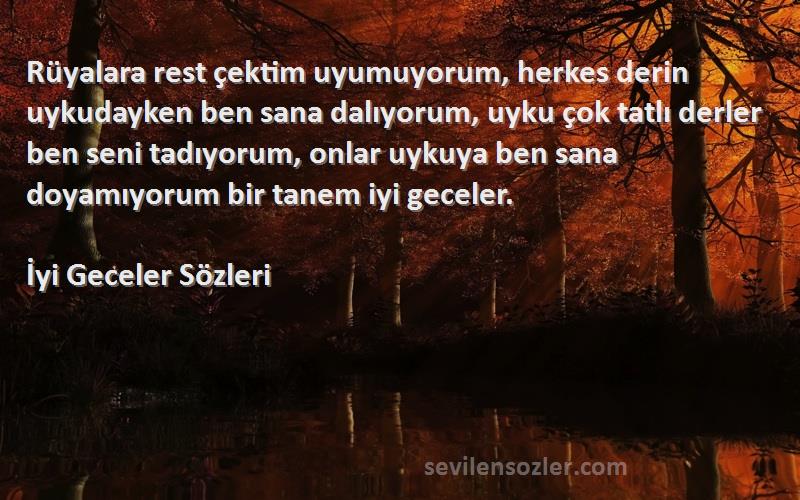 İyi Geceler  Sözleri 
Rüyalara rest çektim uyumuyorum, herkes derin uykudayken ben sana dalıyorum, uyku çok tatlı derler ben seni tadıyorum, onlar uykuya ben sana doyamıyorum bir tanem iyi geceler.
