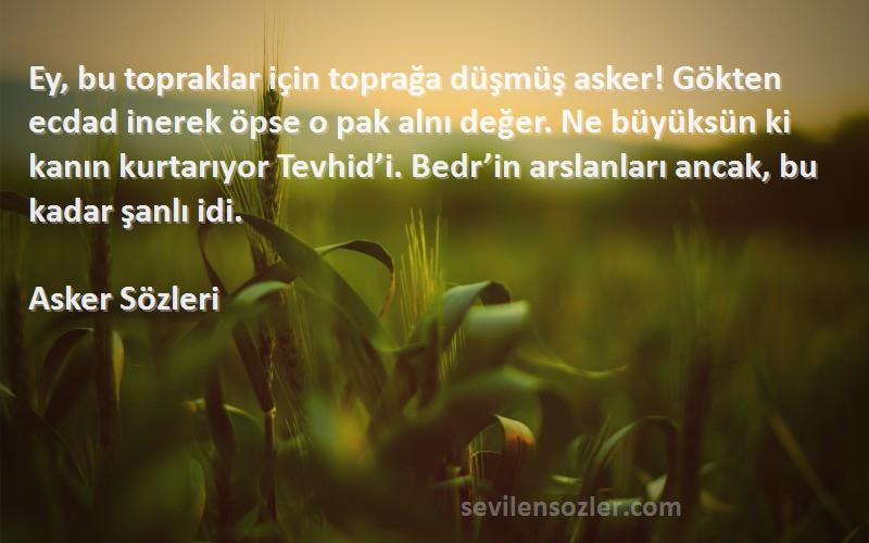 Asker  Sözleri 
Ey, bu topraklar için toprağa düşmüş asker! Gökten ecdad inerek öpse o pak alnı değer. Ne büyüksün ki kanın kurtarıyor Tevhid’i. Bedr’in arslanları ancak, bu kadar şanlı idi.
