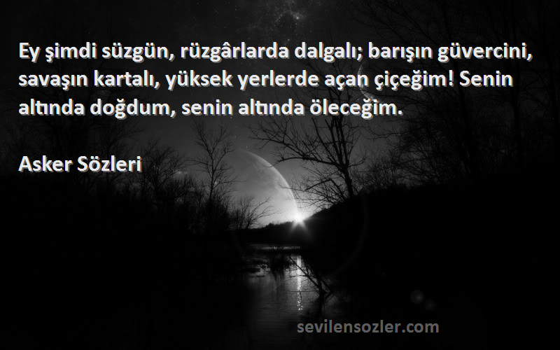 Asker  Sözleri 
Ey şimdi süzgün, rüzgârlarda dalgalı; barışın güvercini, savaşın kartalı, yüksek yerlerde açan çiçeğim! Senin altında doğdum, senin altında öleceğim.
