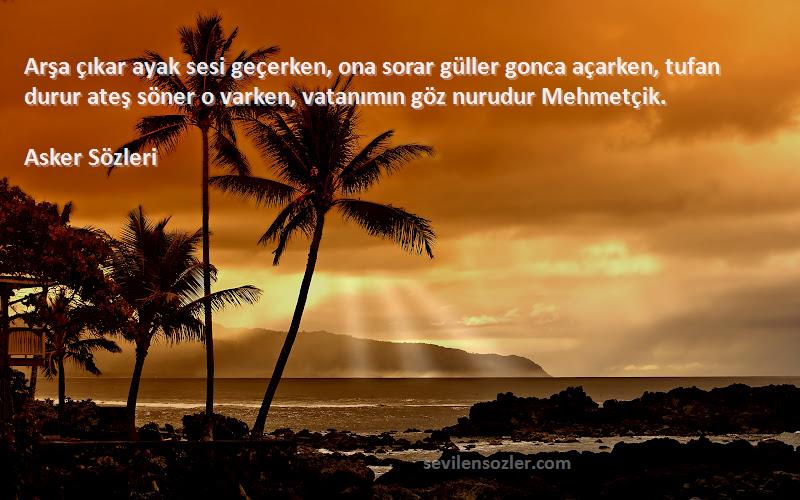 Asker  Sözleri 
Arşa çıkar ayak sesi geçerken, ona sorar güller gonca açarken, tufan durur ateş söner o varken, vatanımın göz nurudur Mehmetçik.
