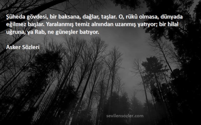 Asker  Sözleri 
Şüheda gövdesi, bir baksana, dağlar, taşlar. O, rükû olmasa, dünyada eğilmez başlar. Yaralanmış temiz alnından uzanmış yatıyor; bir hilal uğruna, ya Rab, ne güneşler batıyor.
