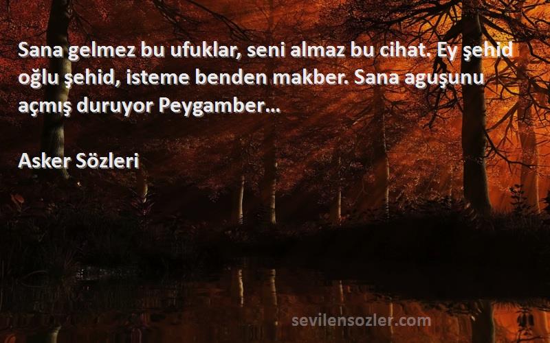 Asker  Sözleri 
Sana gelmez bu ufuklar, seni almaz bu cihat. Ey şehid oğlu şehid, isteme benden makber. Sana aguşunu açmış duruyor Peygamber… 
