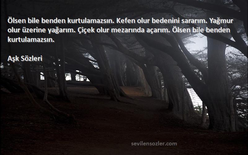 Aşk  Sözleri 
Ölsen bile benden kurtulamazsın. Kefen olur bedenini sararım. Yağmur olur üzerine yağarım. Çiçek olur mezarında açarım. Ölsen bile benden kurtulamazsın.
