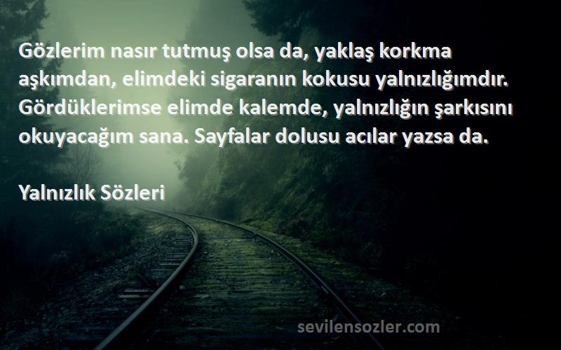 Yalnızlık  Sözleri 
Gözlerim nasır tutmuş olsa da, yaklaş korkma aşkımdan, elimdeki sigaranın kokusu yalnızlığımdır. Gördüklerimse elimde kalemde, yalnızlığın şarkısını okuyacağım sana. Sayfalar dolusu acılar yazsa da.
