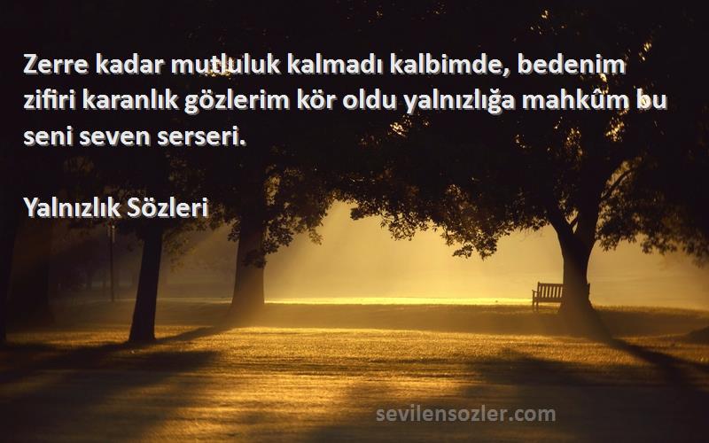 Yalnızlık  Sözleri 
Zerre kadar mutluluk kalmadı kalbimde, bedenim zifiri karanlık gözlerim kör oldu yalnızlığa mahkûm bu seni seven serseri.
