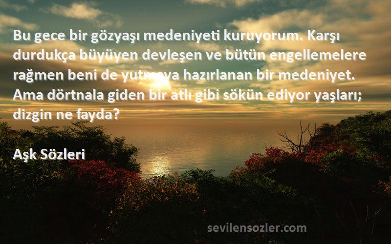 Aşk  Sözleri 
Bu gece bir gözyaşı medeniyeti kuruyorum. Karşı durdukça büyüyen devleşen ve bütün engellemelere rağmen beni de yutmaya hazırlanan bir medeniyet. Ama dörtnala giden bir atlı gibi sökün ediyor yaşları; dizgin ne fayda?
