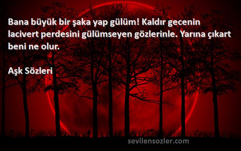 Aşk  Sözleri 
Bana büyük bir şaka yap gülüm! Kaldır gecenin lacivert perdesini gülümseyen gözlerinle. Yarına çıkart beni ne olur.
