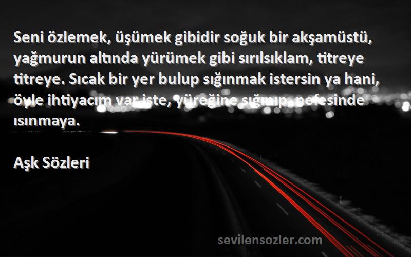 Aşk  Sözleri 
Seni özlemek, üşümek gibidir soğuk bir akşamüstü, yağmurun altında yürümek gibi sırılsıklam, titreye titreye. Sıcak bir yer bulup sığınmak istersin ya hani, öyle ihtiyacım var işte, yüreğine sığınıp, nefesinde ısınmaya.
