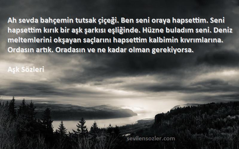 Aşk  Sözleri 
Ah sevda bahçemin tutsak çiçeği. Ben seni oraya hapsettim. Seni hapsettim kırık bir aşk şarkısı eşliğinde. Hüzne buladım seni. Deniz meltemlerini okşayan saçlarını hapsettim kalbimin kıvrımlarına. Ordasın artık. Oradasın ve ne kadar olman gerekiyorsa.
