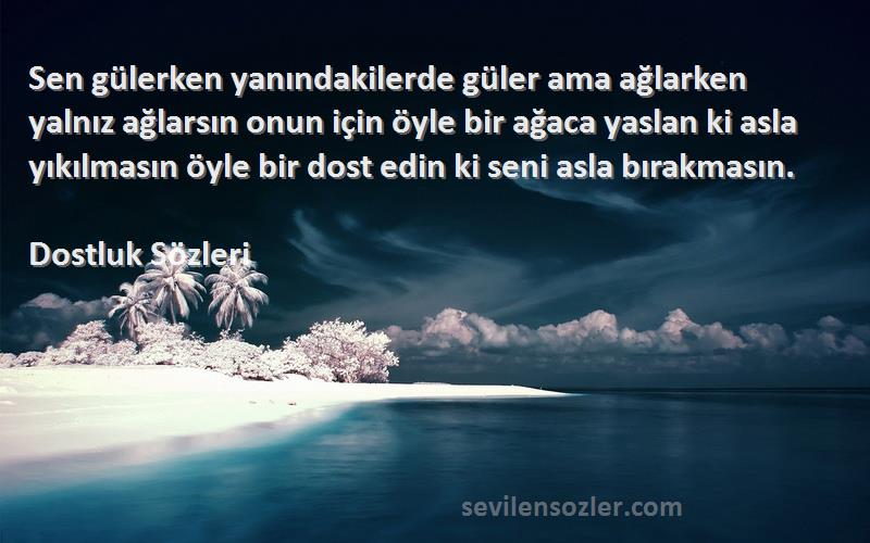 Dostluk  Sözleri 
Sen gülerken yanındakilerde güler ama ağlarken yalnız ağlarsın onun için öyle bir ağaca yaslan ki asla yıkılmasın öyle bir dost edin ki seni asla bırakmasın.
