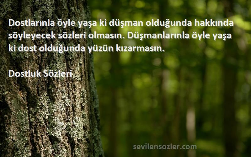 Dostluk  Sözleri 
Dostlarınla öyle yaşa ki düşman olduğunda hakkında söyleyecek sözleri olmasın. Düşmanlarınla öyle yaşa ki dost olduğunda yüzün kızarmasın.
