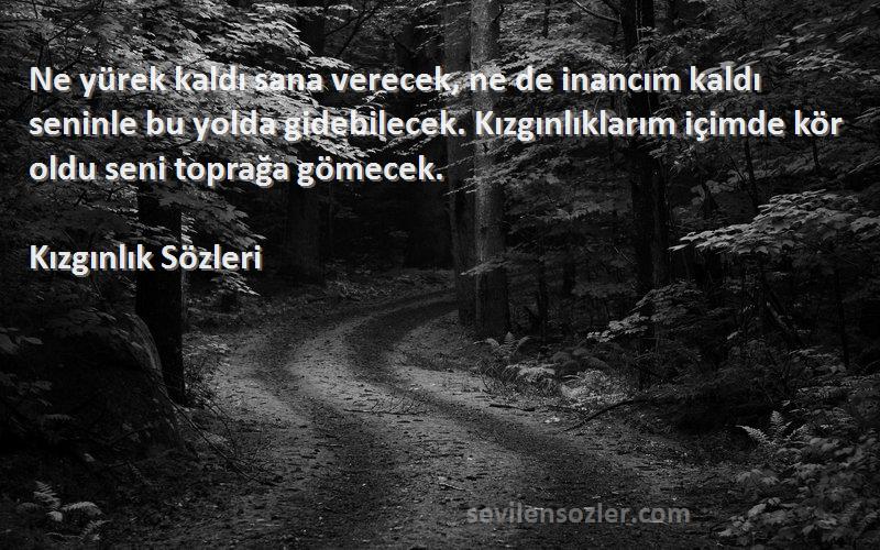 Kızgınlık  Sözleri 
Ne yürek kaldı sana verecek, ne de inancım kaldı seninle bu yolda gidebilecek. Kızgınlıklarım içimde kör oldu seni toprağa gömecek.
