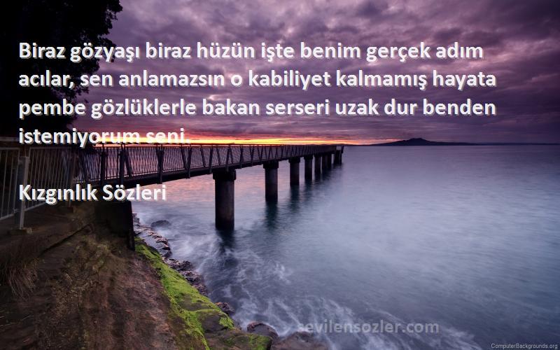 Kızgınlık  Sözleri 
Biraz gözyaşı biraz hüzün işte benim gerçek adım acılar, sen anlamazsın o kabiliyet kalmamış hayata pembe gözlüklerle bakan serseri uzak dur benden istemiyorum seni.
