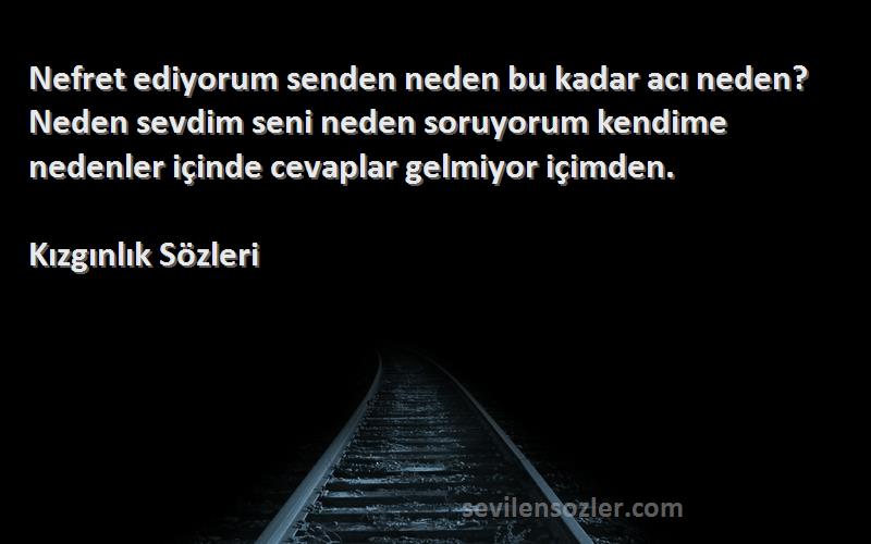 Kızgınlık  Sözleri 
Nefret ediyorum senden neden bu kadar acı neden? Neden sevdim seni neden soruyorum kendime nedenler içinde cevaplar gelmiyor içimden.
