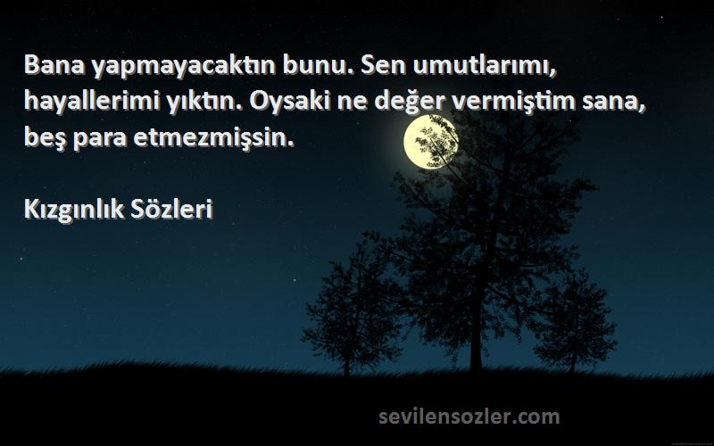 Kızgınlık  Sözleri 
Bana yapmayacaktın bunu. Sen umutlarımı, hayallerimi yıktın. Oysaki ne değer vermiştim sana, beş para etmezmişsin.
