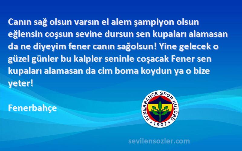 Fenerbahçe Sözleri 
Canın sağ olsun varsın el alem şampiyon olsun eğlensin coşsun sevine dursun sen kupaları alamasan da ne diyeyim fener canın sağolsun! Yine gelecek o güzel günler bu kalpler seninle coşacak Fener sen kupaları alamasan da cim boma koydun ya o bize yeter!
