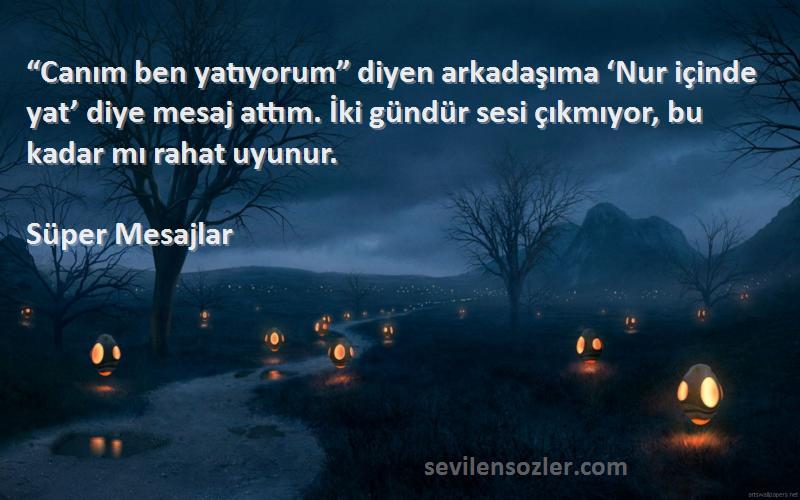 Süper Mesajlar Sözleri 
“Canım ben yatıyorum” diyen arkadaşıma ‘Nur içinde yat’ diye mesaj attım. İki gündür sesi çıkmıyor, bu kadar mı rahat uyunur.
