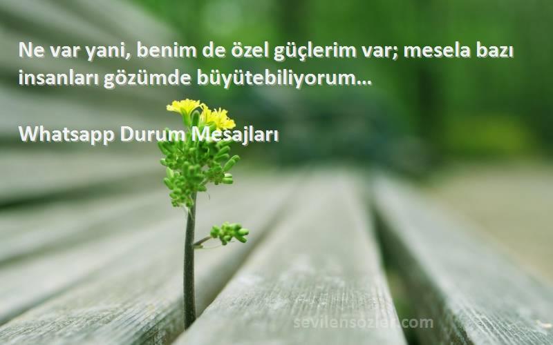 Whatsapp Durum Mesajları Sözleri 
Ne var yani, benim de özel güçlerim var; mesela bazı insanları gözümde büyütebiliyorum…

