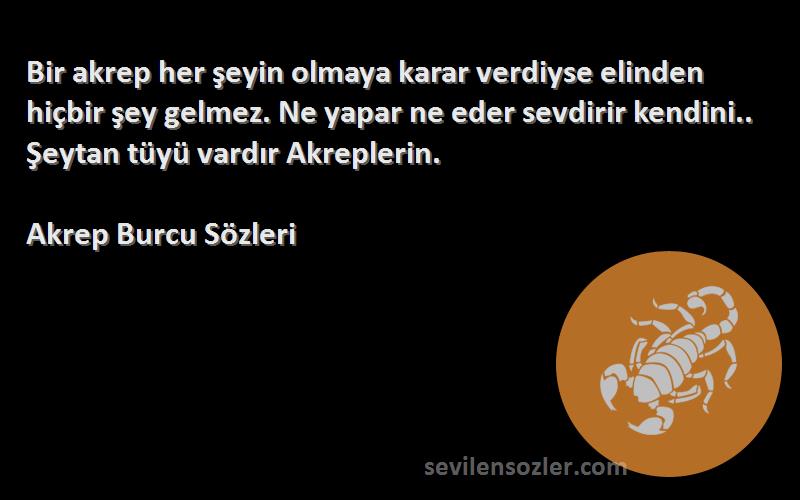 Akrep Burcu  Sözleri 
Bir akrep her şeyin olmaya karar verdiyse elinden hiçbir şey gelmez. Ne yapar ne eder sevdirir kendini.. Şeytan tüyü vardır Akreplerin.
