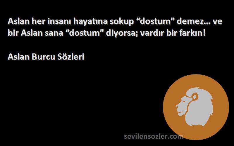 Aslan Burcu  Sözleri 
Aslan her insanı hayatına sokup “dostum” demez… ve bir Aslan sana “dostum” diyorsa; vardır bir farkın!
