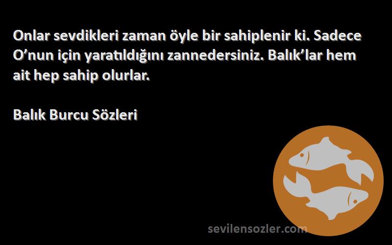 Balık Burcu  Sözleri 
Onlar sevdikleri zaman öyle bir sahiplenir ki. Sadece O’nun için yaratıldığını zannedersiniz. Balık’lar hem ait hep sahip olurlar.
