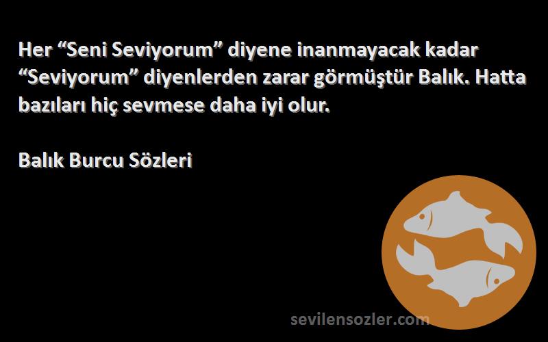 Balık Burcu  Sözleri 
Her “Seni Seviyorum” diyene inanmayacak kadar “Seviyorum” diyenlerden zarar görmüştür Balık. Hatta bazıları hiç sevmese daha iyi olur.
