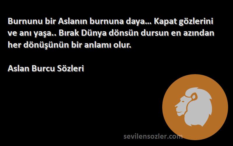 Aslan Burcu  Sözleri 
Burnunu bir Aslanın burnuna daya… Kapat gözlerini ve anı yaşa.. Bırak Dünya dönsün dursun en azından her dönüşünün bir anlamı olur.
