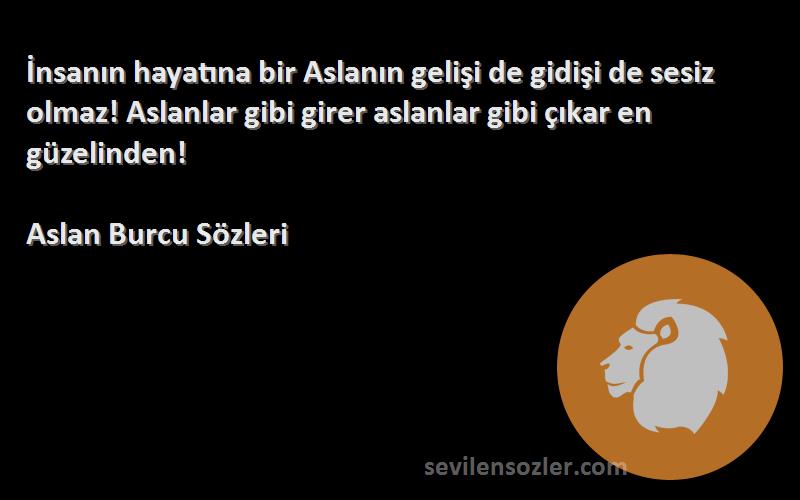 Aslan Burcu  Sözleri 
İnsanın hayatına bir Aslanın gelişi de gidişi de sesiz olmaz! Aslanlar gibi girer aslanlar gibi çıkar en güzelinden!
