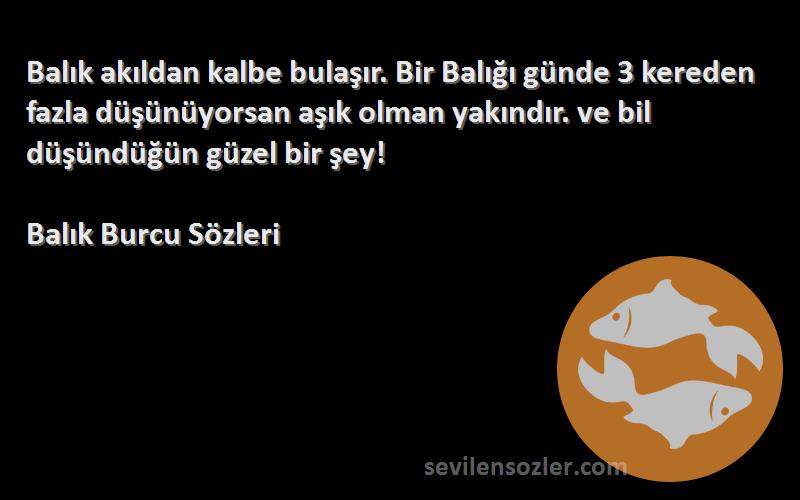 Balık Burcu  Sözleri 
Balık akıldan kalbe bulaşır. Bir Balığı günde 3 kereden fazla düşünüyorsan aşık olman yakındır. ve bil düşündüğün güzel bir şey!
