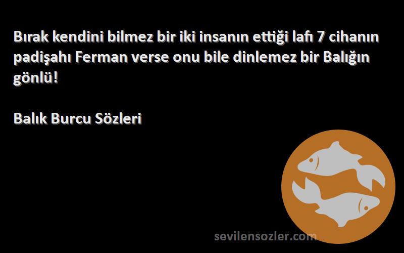 Balık Burcu  Sözleri 
Bırak kendini bilmez bir iki insanın ettiği lafı 7 cihanın padişahı Ferman verse onu bile dinlemez bir Balığın gönlü!
