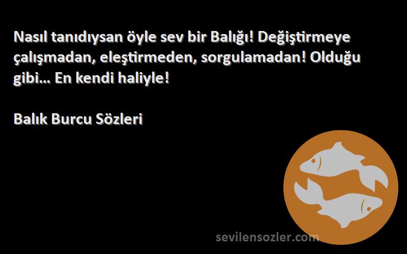 Balık Burcu  Sözleri 
Nasıl tanıdıysan öyle sev bir Balığı! Değiştirmeye çalışmadan, eleştirmeden, sorgulamadan! Olduğu gibi… En kendi haliyle!
