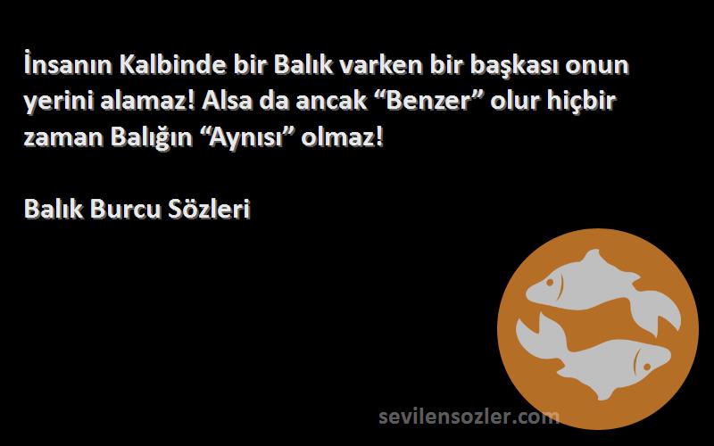 Balık Burcu  Sözleri 
İnsanın Kalbinde bir Balık varken bir başkası onun yerini alamaz! Alsa da ancak “Benzer” olur hiçbir zaman Balığın “Aynısı” olmaz!
