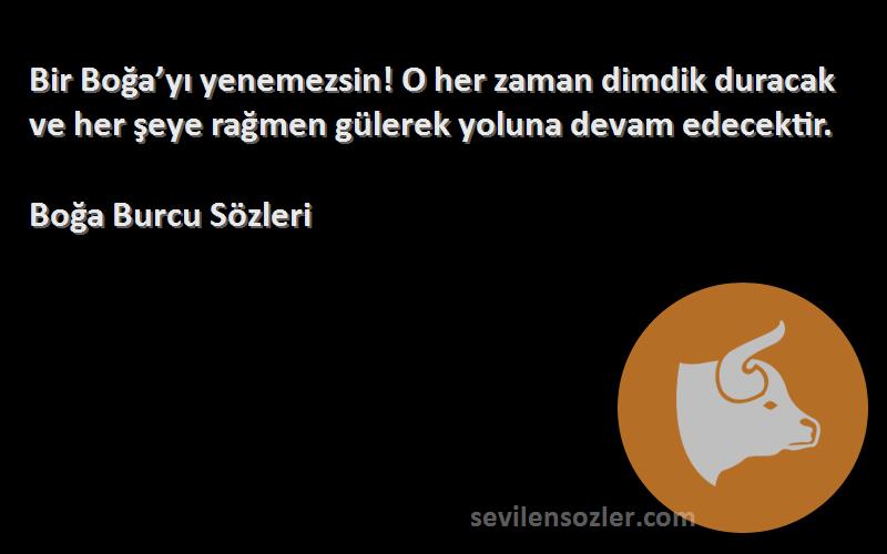 Boğa Burcu  Sözleri 
Bir Boğa’yı yenemezsin! O her zaman dimdik duracak ve her şeye rağmen gülerek yoluna devam edecektir.
