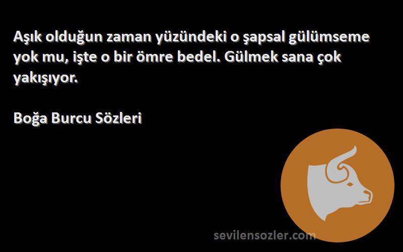 Boğa Burcu  Sözleri 
Aşık olduğun zaman yüzündeki o şapsal gülümseme yok mu, işte o bir ömre bedel. Gülmek sana çok yakışıyor.
