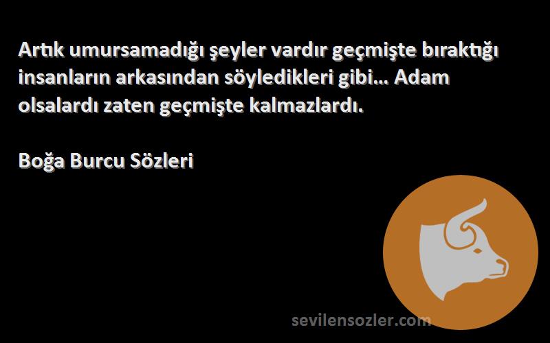 Boğa Burcu  Sözleri 
Artık umursamadığı şeyler vardır geçmişte bıraktığı insanların arkasından söyledikleri gibi… Adam olsalardı zaten geçmişte kalmazlardı.
