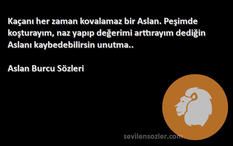 Aslan Burcu  Sözleri 
Kaçanı her zaman kovalamaz bir Aslan. Peşimde koşturayım, naz yapıp değerimi arttırayım dediğin Aslanı kaybedebilirsin unutma..