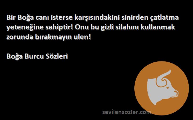 Boğa Burcu  Sözleri 
Bir Boğa canı isterse karşısındakini sinirden çatlatma yeteneğine sahiptir! Onu bu gizli silahını kullanmak zorunda bırakmayın ulen!
