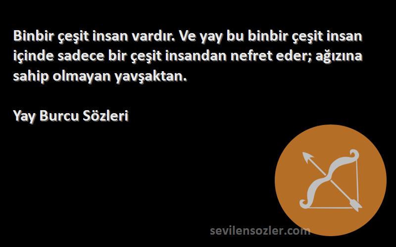 Yay Burcu  Sözleri 
Binbir çeşit insan vardır. Ve yay bu binbir çeşit insan içinde sadece bir çeşit insandan nefret eder; ağızına sahip olmayan yavşaktan.
