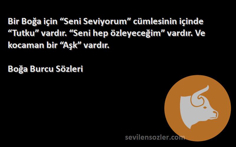 Boğa Burcu  Sözleri 
Bir Boğa için “Seni Seviyorum” cümlesinin içinde “Tutku” vardır. “Seni hep özleyeceğim” vardır. Ve kocaman bir “Aşk” vardır.
