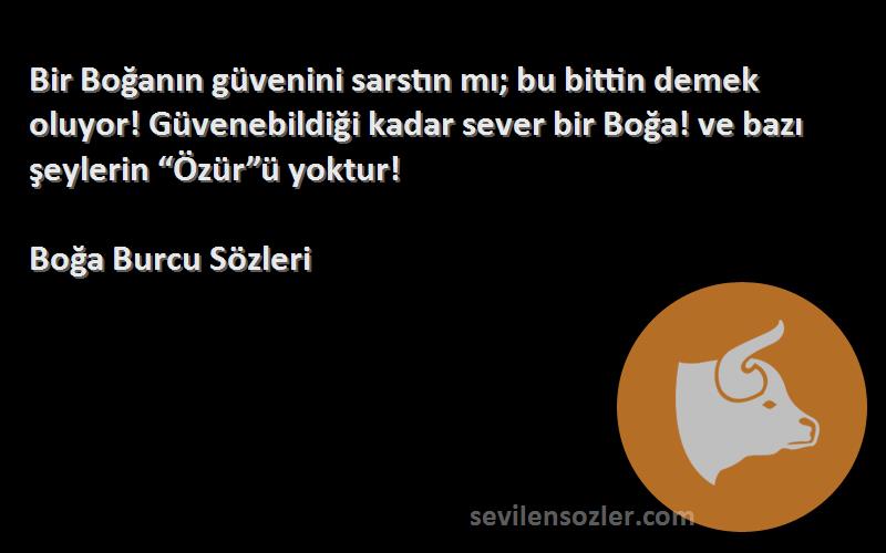 Boğa Burcu  Sözleri 
Bir Boğanın güvenini sarstın mı; bu bittin demek oluyor! Güvenebildiği kadar sever bir Boğa! ve bazı şeylerin “Özür”ü yoktur!
