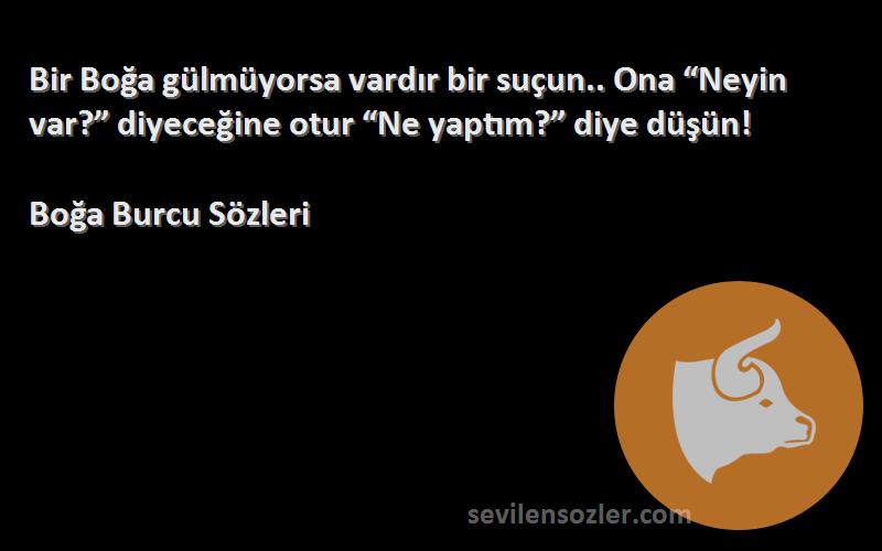 Boğa Burcu  Sözleri 
Bir Boğa gülmüyorsa vardır bir suçun.. Ona “Neyin var?” diyeceğine otur “Ne yaptım?” diye düşün!
