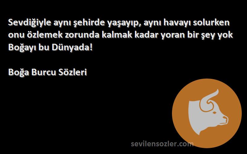 Boğa Burcu  Sözleri 
Sevdiğiyle aynı şehirde yaşayıp, aynı havayı solurken onu özlemek zorunda kalmak kadar yoran bir şey yok Boğayı bu Dünyada!
