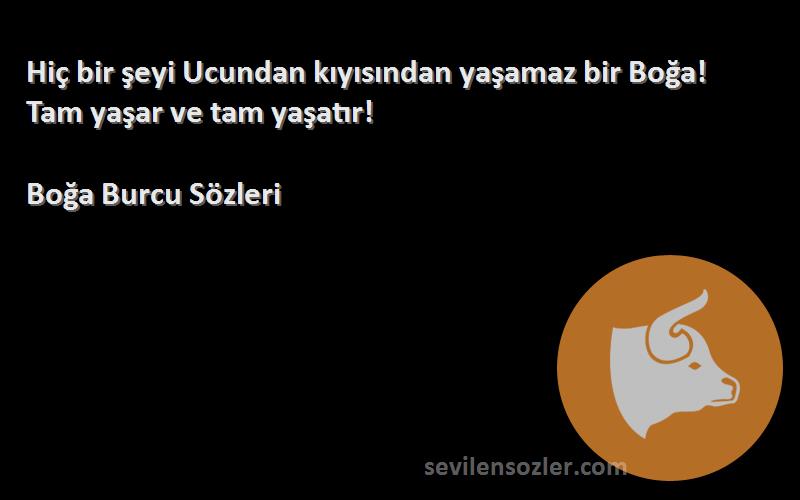 Boğa Burcu  Sözleri 
Hiç bir şeyi Ucundan kıyısından yaşamaz bir Boğa! Tam yaşar ve tam yaşatır!
